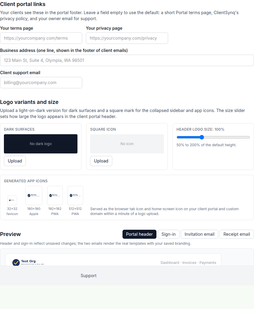 Brand Settings → Client portal links fields
