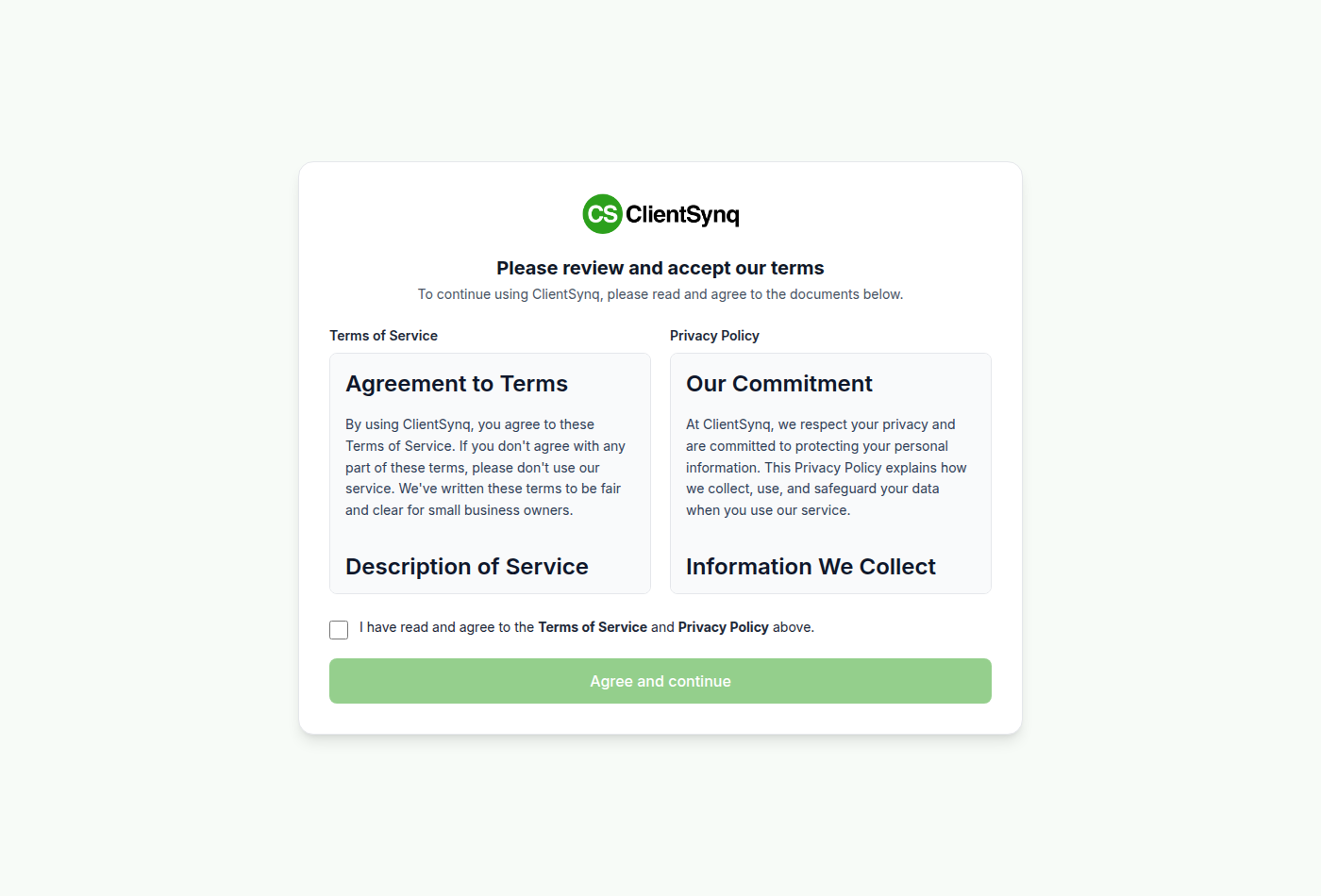 Please review and accept our terms page → agreement checkbox and Agree and continue button